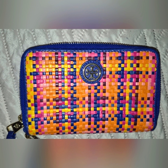 TORY BURCH JANE WOVEN LEATHER RAINBOW MULTI  WRISTLET WALLET - Picture 2 of 5